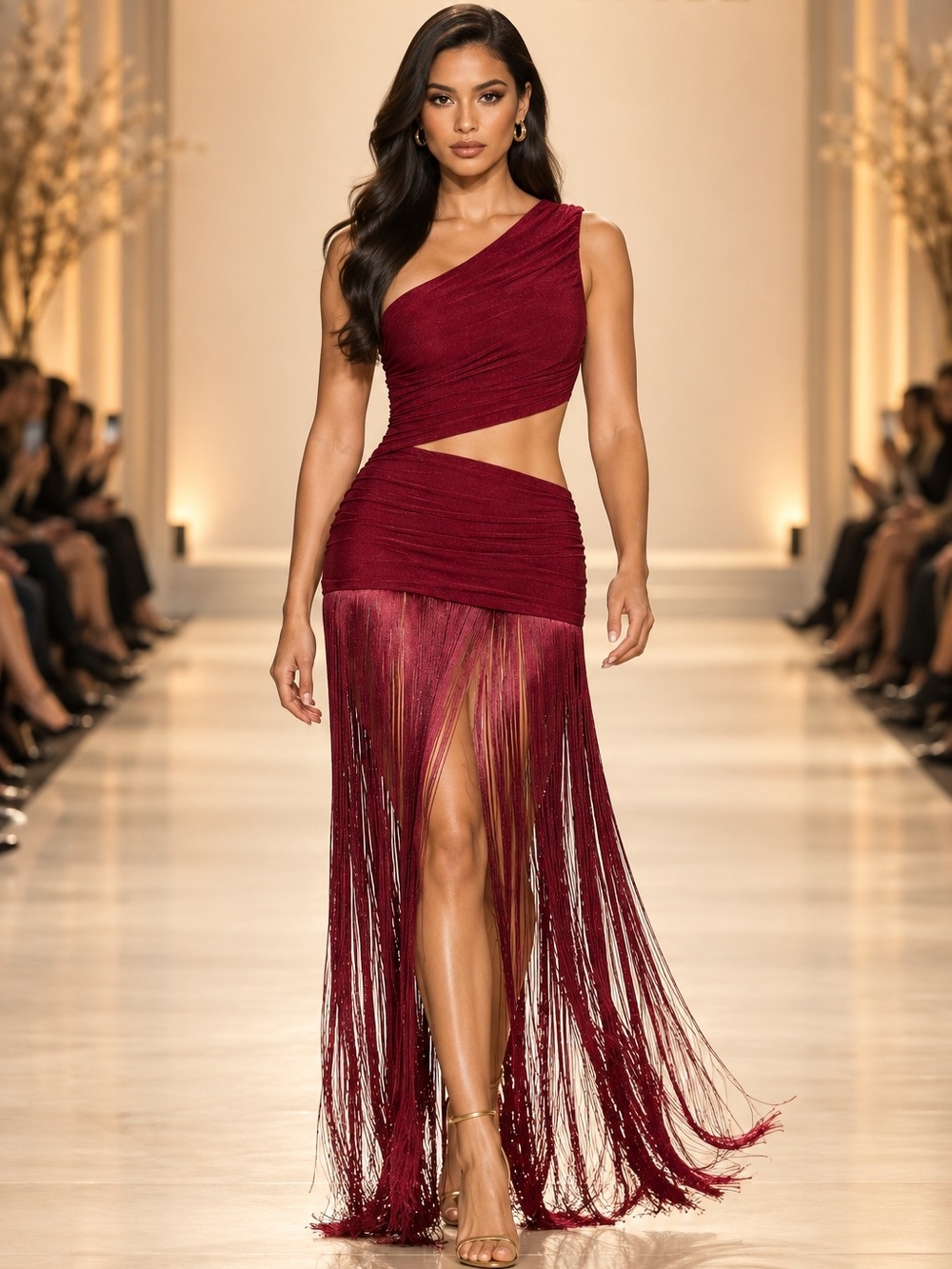 NWT Fashion Nova Island Chic Burgundy Fringe Cutout Maxi Dress Size Medium